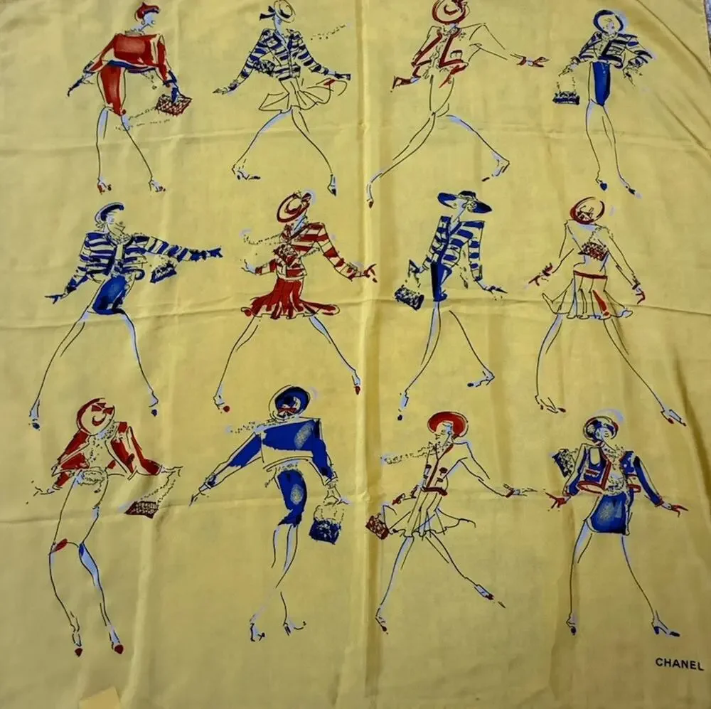 VTG 100% Authentic chanel silk scarf Rare Marine Fashion Illustration Sketch